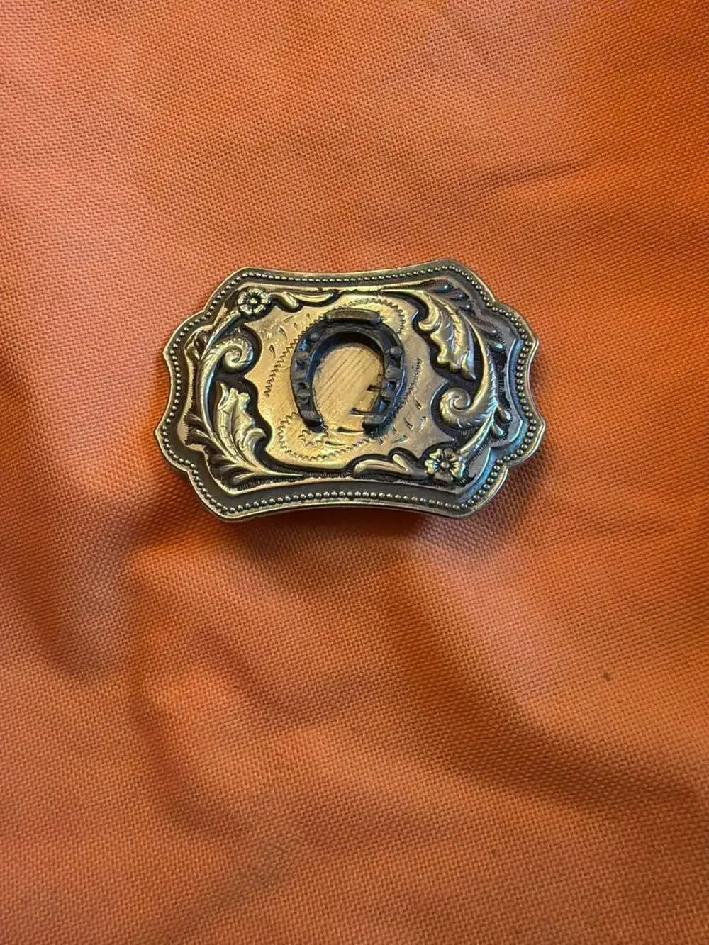 Vintage Western Floral Scroll Belt Buckle with Center Horseshoe
